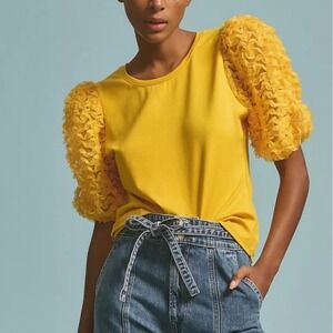 Anthropologie NEW Flat White Marigold Ruffle Puff Sleeve Top SZ Small Coquette